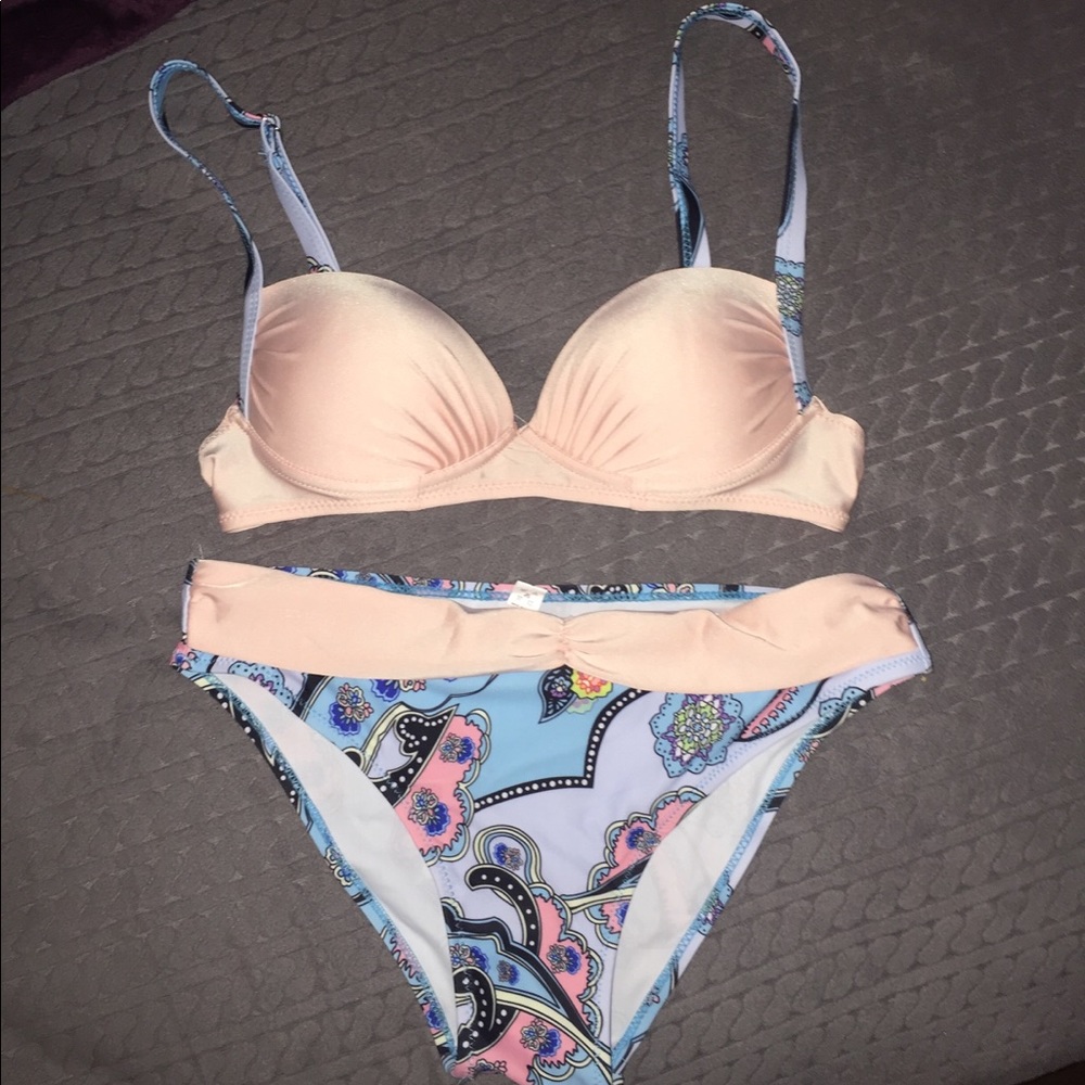 Peach and Blue Flower Print Bikini Set